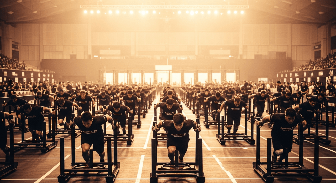 Hundreds of athletes in race kits push sleds across a vast competition floor in warm golden light.