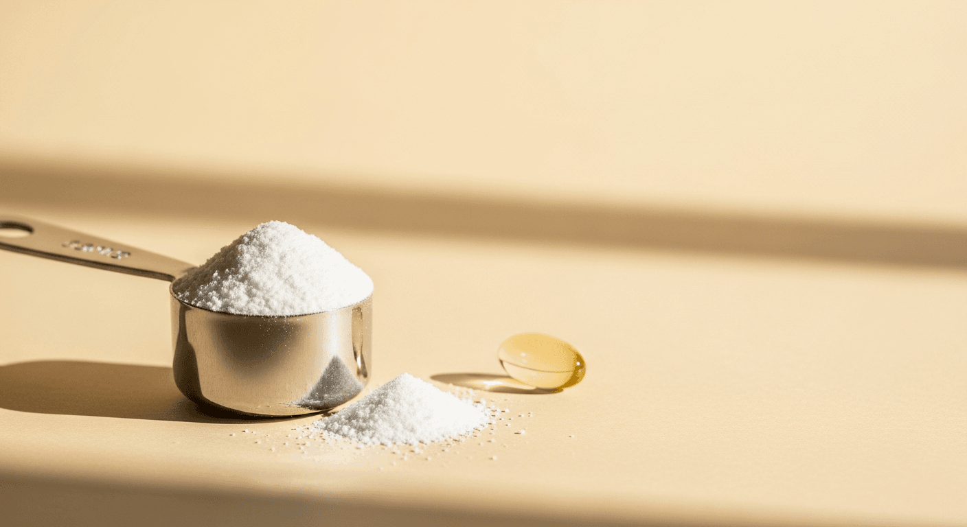 Macro photo of white creatine powder in a metal scoop with a capsule nearby, lit by soft golden light.