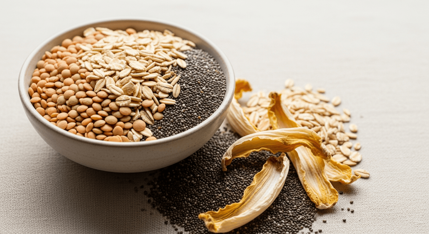 A ceramic bowl overflowing with lentils, oats, chia seeds, and dried chicory on a warm cream linen surface.