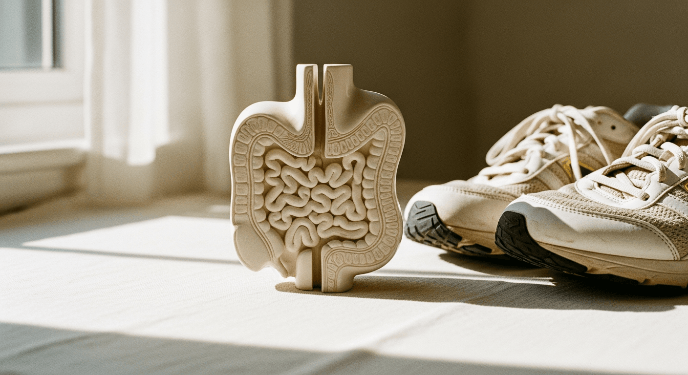 Ceramic gut sculpture and worn running shoes displayed side by side on cream linen.