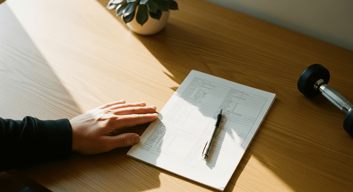 Coach's hand resting beside stacked data sheets on a wooden desk with a pencil and dumbbell nearby.
