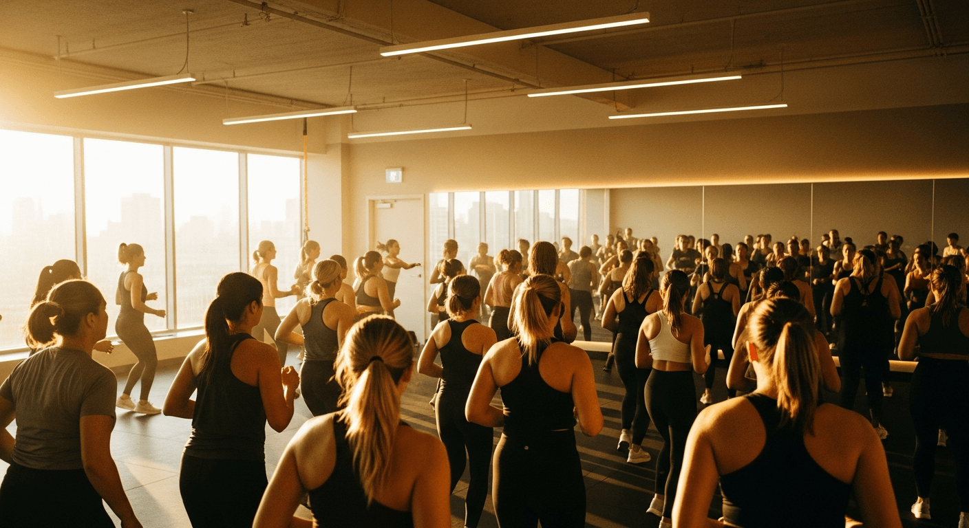 A packed group fitness class in motion, shot from the back, participants moving in sync under warm golden light from studio windows.