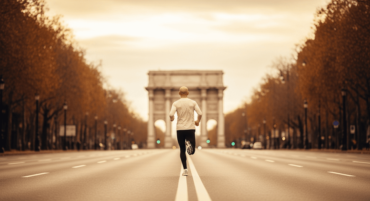 A runner in mid-stride on an urban road with a blurred stone arch in the golden-hour background.