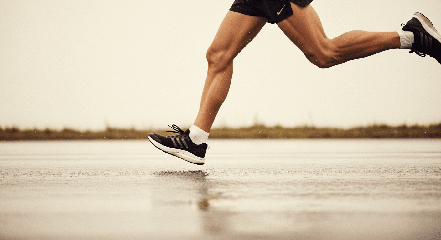 Runner's legs mid-stride on wet pavement, shot from low angle with motion blur during race-pace effort.