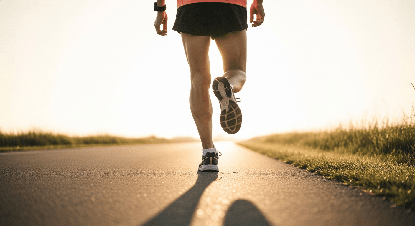 Elite runner's legs and feet mid-stride at dawn with GPS watch visible on wrist, soft golden light.