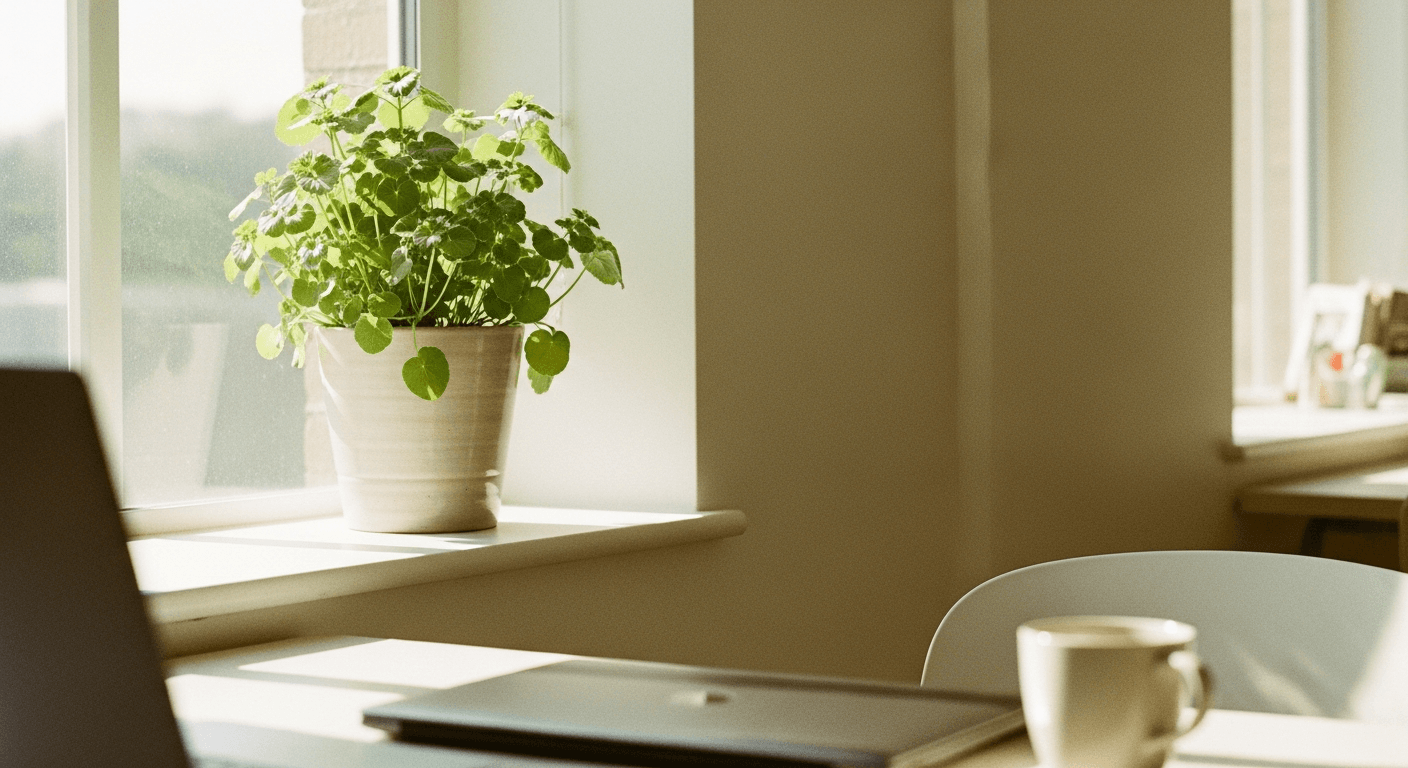 Green potted plant on bright office windowsill with laptop and mug bathed in warm natural light.