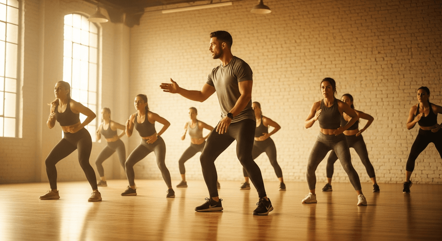 A fitness coach leads six clients through an exercise session with synchronized movement in a bright, warm studio.