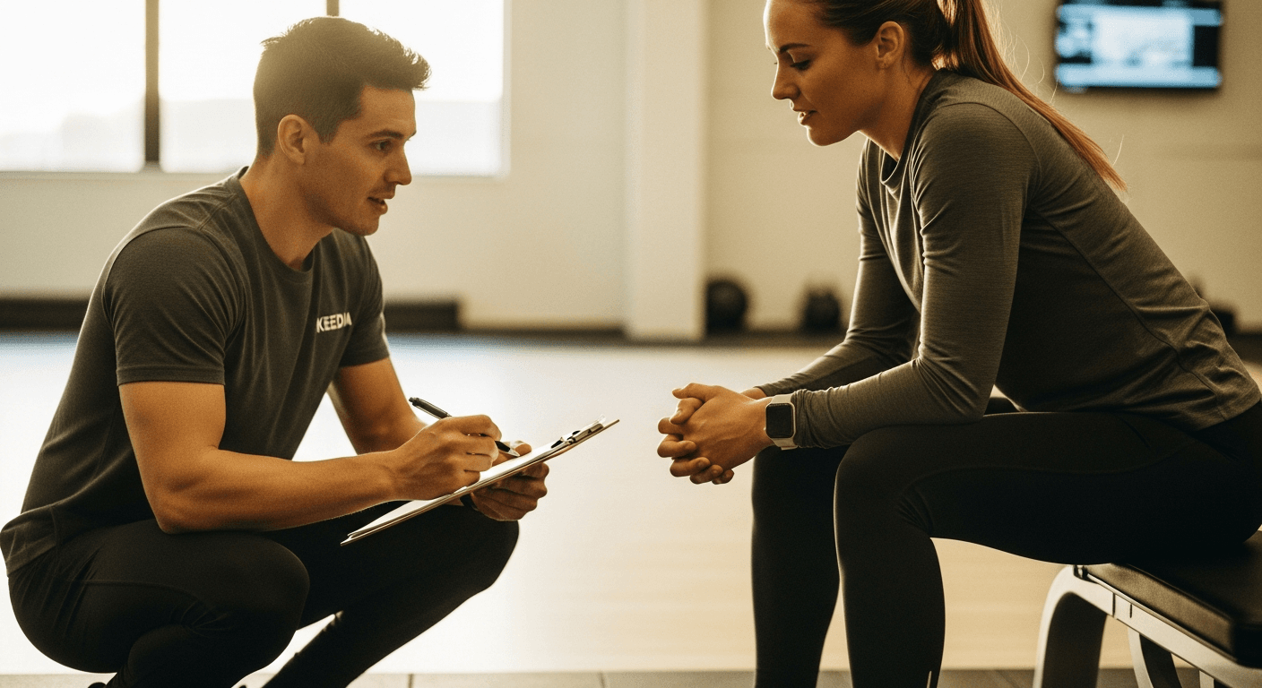 A coach crouched at eye level with a seated client reviews notes on a clipboard during an initial coaching session.