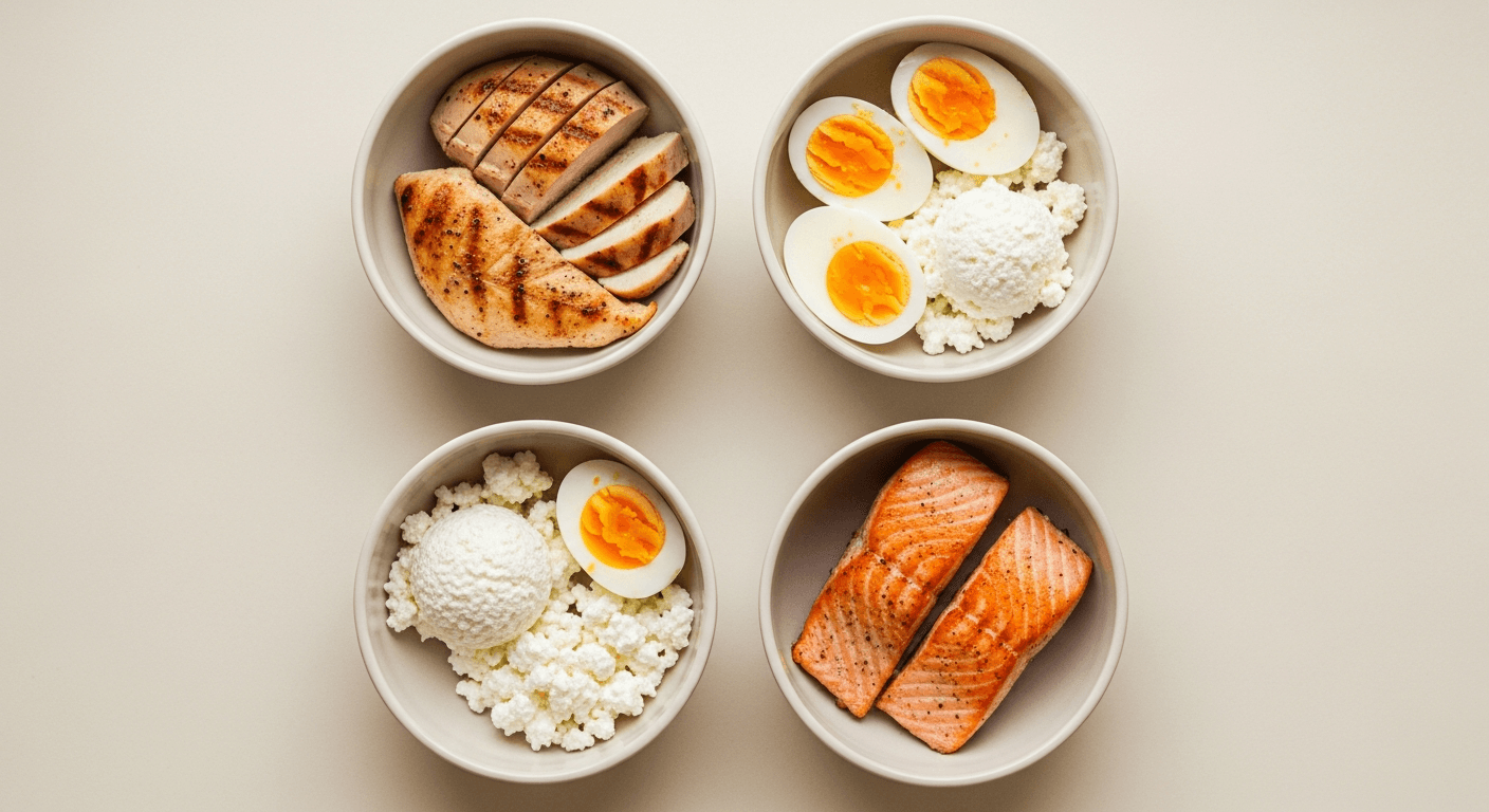 Four white bowls with chicken, eggs, cottage cheese, and salmon arranged in a 2x2 grid.