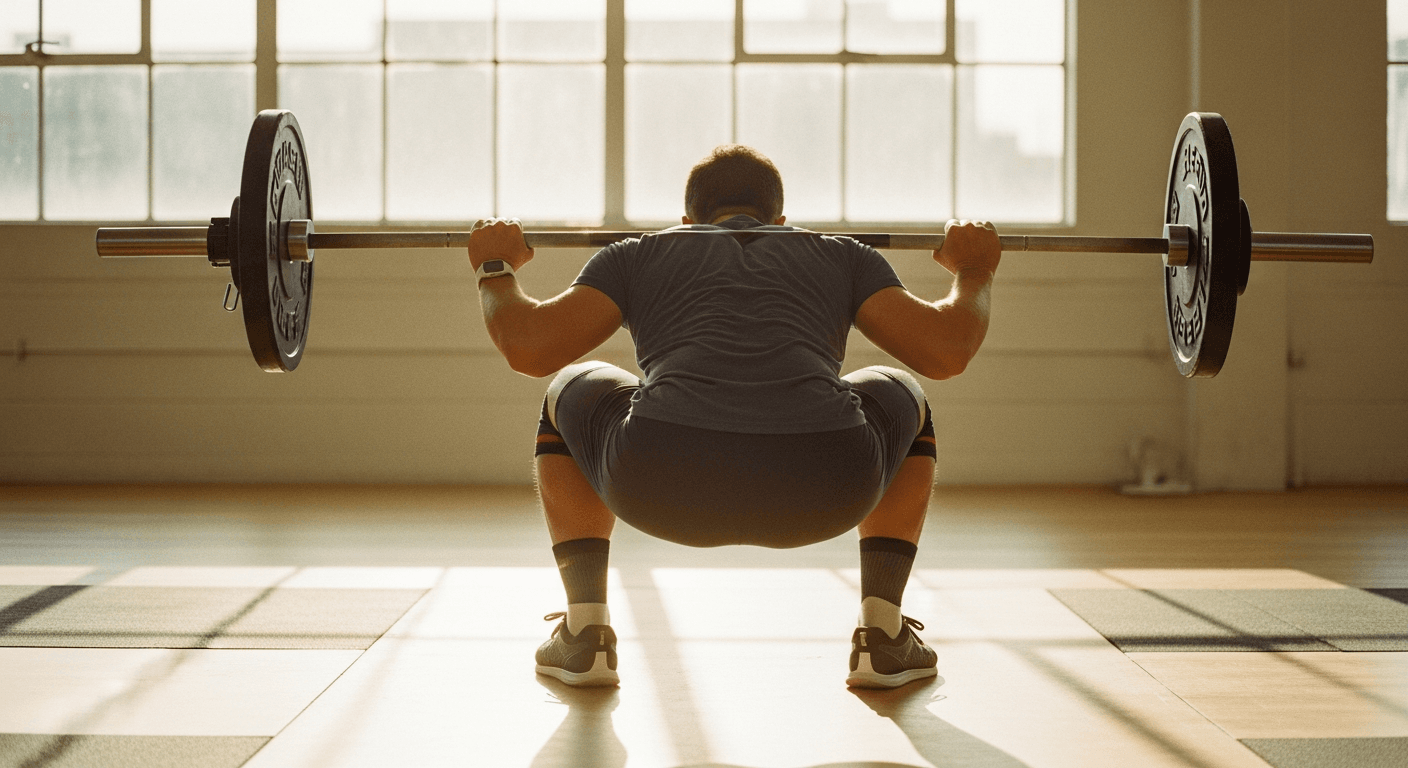 Rear view of person in deep squat position with bar, warm golden light on wooden gym floor.