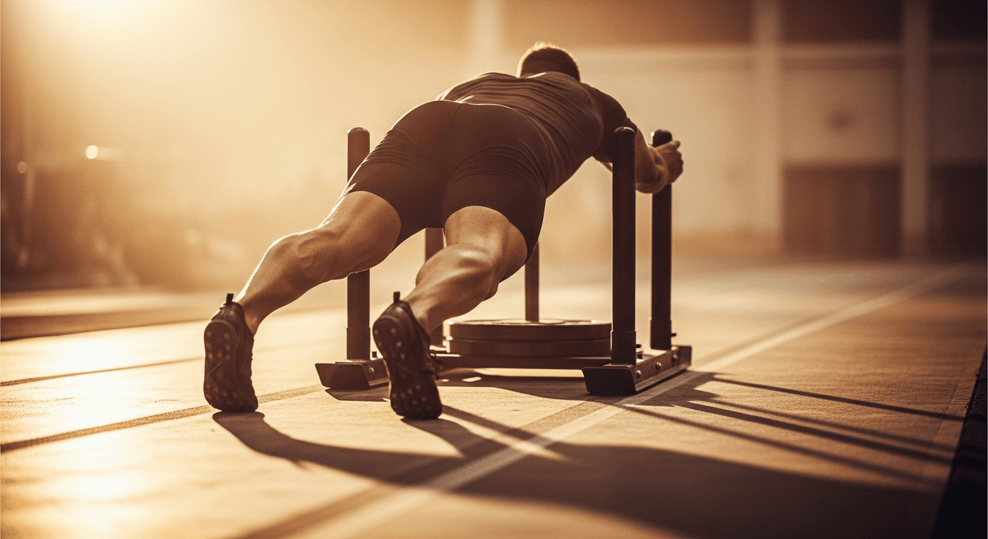 Athlete pushing a weighted sled across gym flooring in golden arena light during competition.