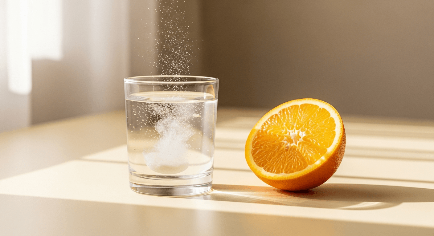 A glass of water with dissolving collagen powder beside a fresh halved orange on a warm cream surface in golden morning light.