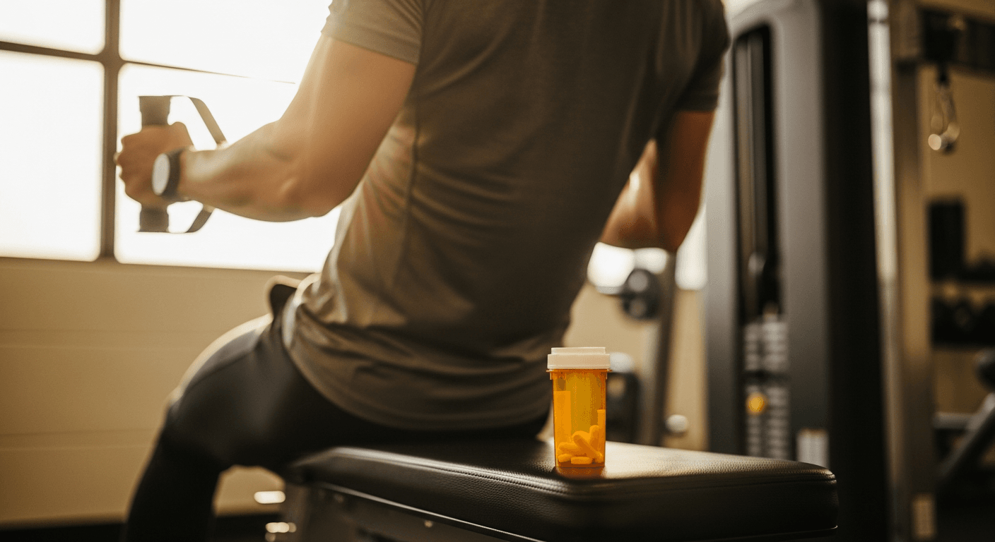 Person performing cable row exercise with prescription pill bottle on bench, symbolizing muscle training and GLP-1 medication.