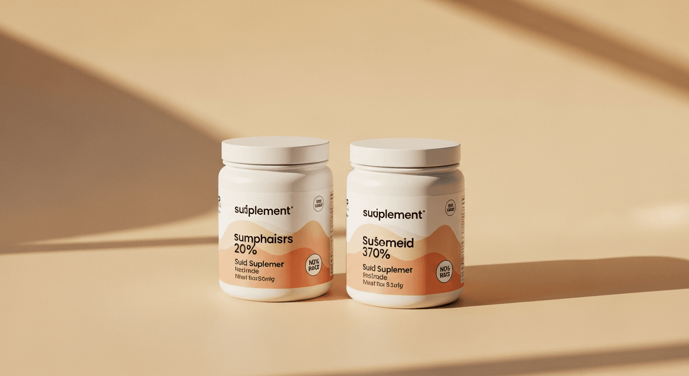 Two unbranded supplement jars positioned side by side in warm golden light.