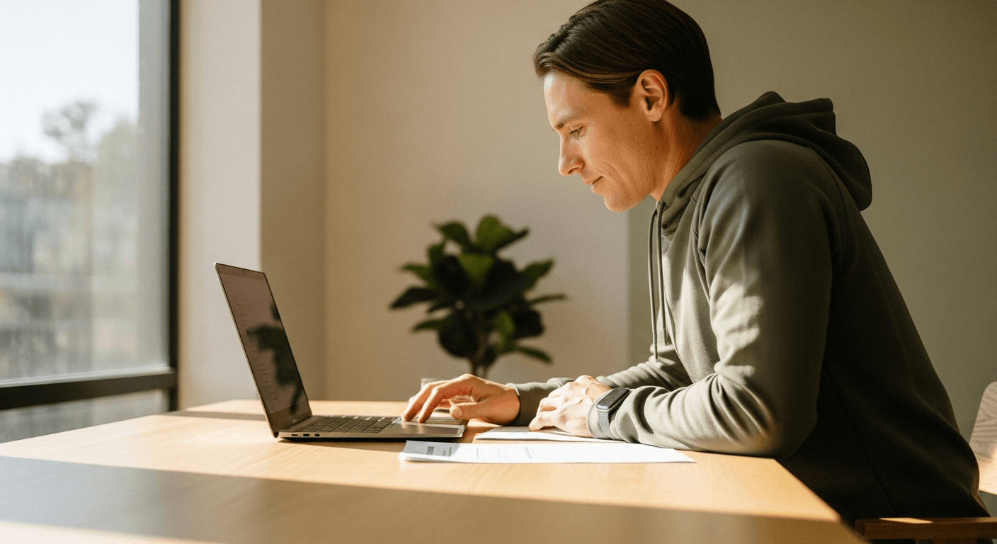 A personal trainer seated at a desk reviews documents and works on a laptop in natural morning light.