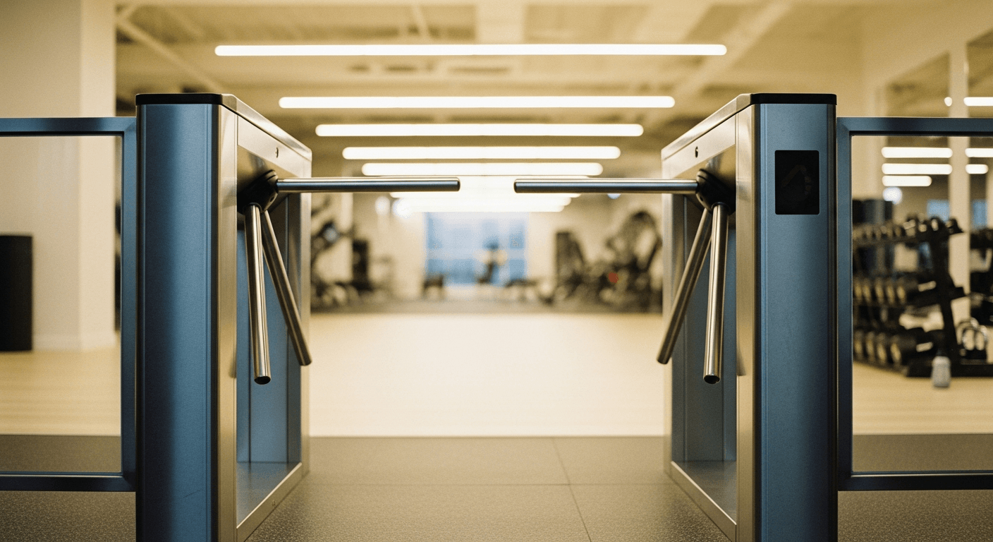 Open turnstile entry gate to a compact gym lit by warm golden light, suggesting 24/7 access.