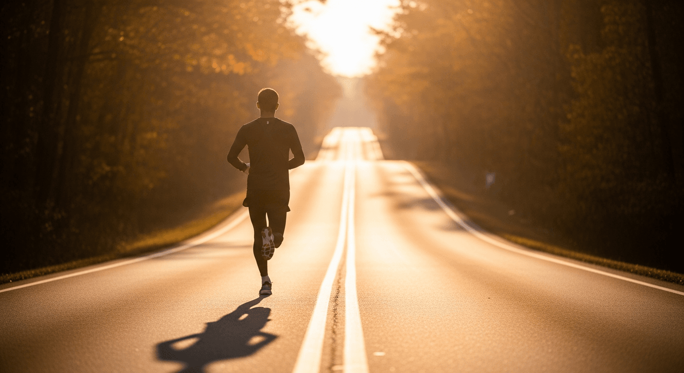 Runner in mid-stride on a descending road during golden hour, surrounded by autumn trees.