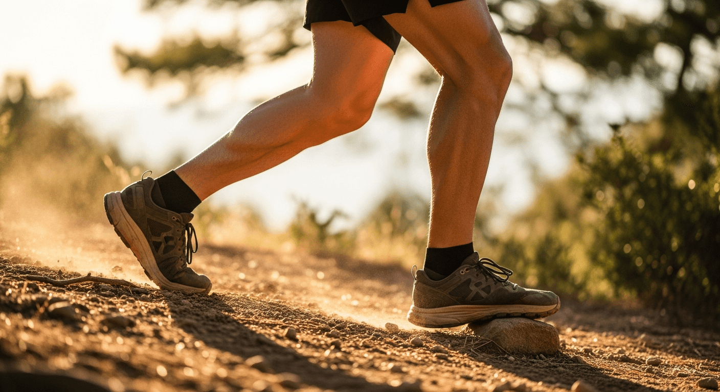 Trail runner's legs descending rocky terrain, knee flexed under load, foot planting on stone.