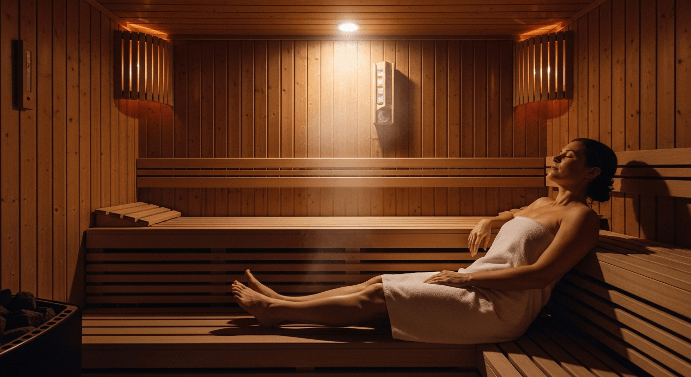 Person seated on a wooden sauna bench with gentle steam rising around them in warm golden light.