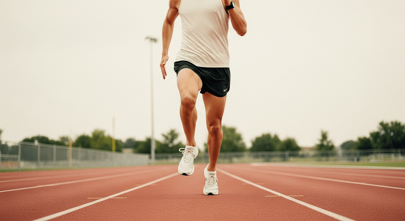 Runner in mid-stride on track, captured low-angle from front, showing intense aerobic effort with pumping arms.
