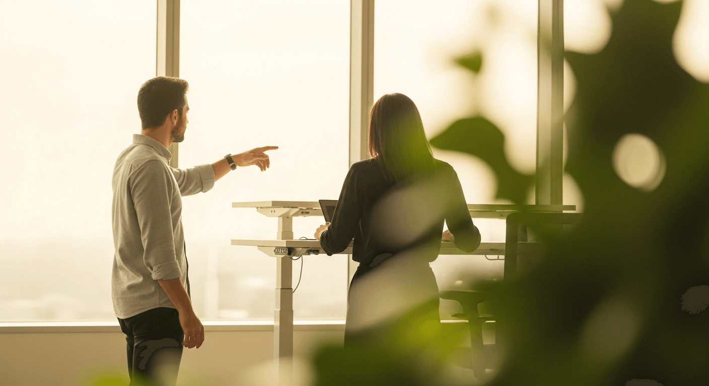 Two colleagues converse at a standing desk in a bright modern office bathed in warm natural light.