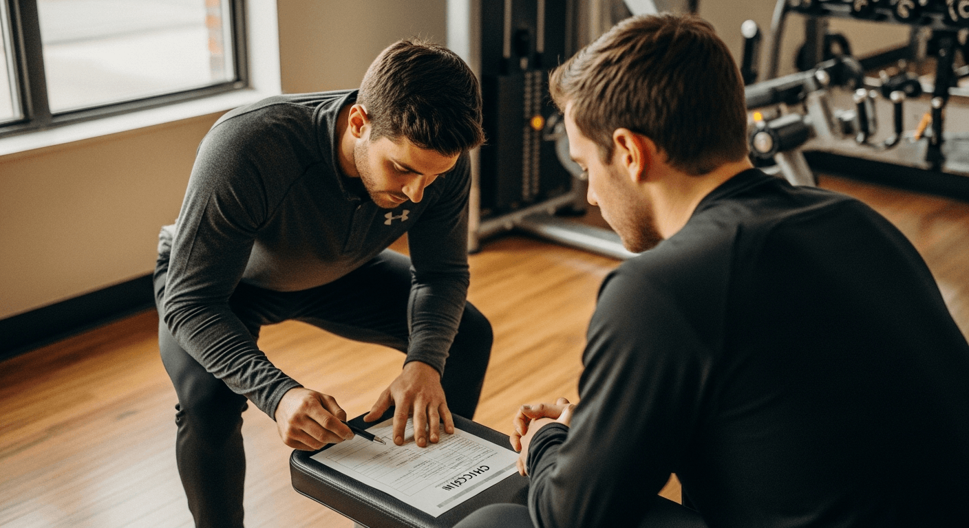 Personal trainer and client review a document together on a gym bench in warm natural light.