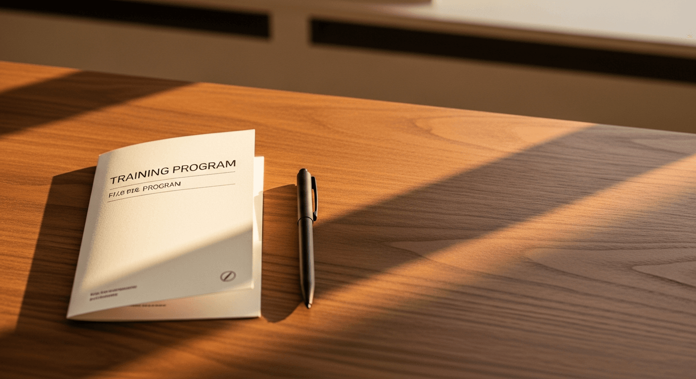 Folded training program and sleek black pen on walnut desk, bathed in warm golden-hour light.