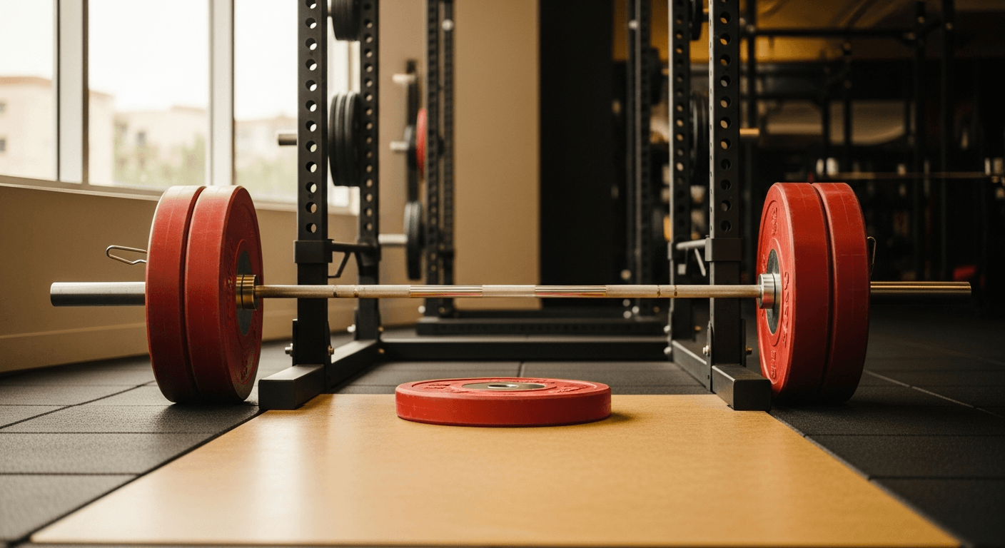 Loaded barbell with red plates beside a lighter barbell in racks, visually demonstrating deload protocol contrast.