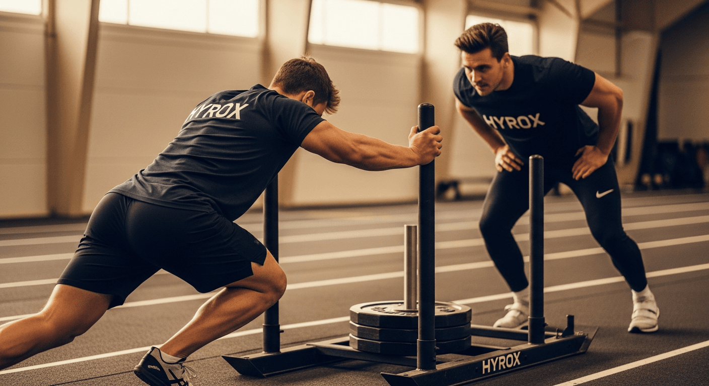 Two HYROX athletes performing a coordinated sled push exchange, one driving forward while the other prepares to switch positions.