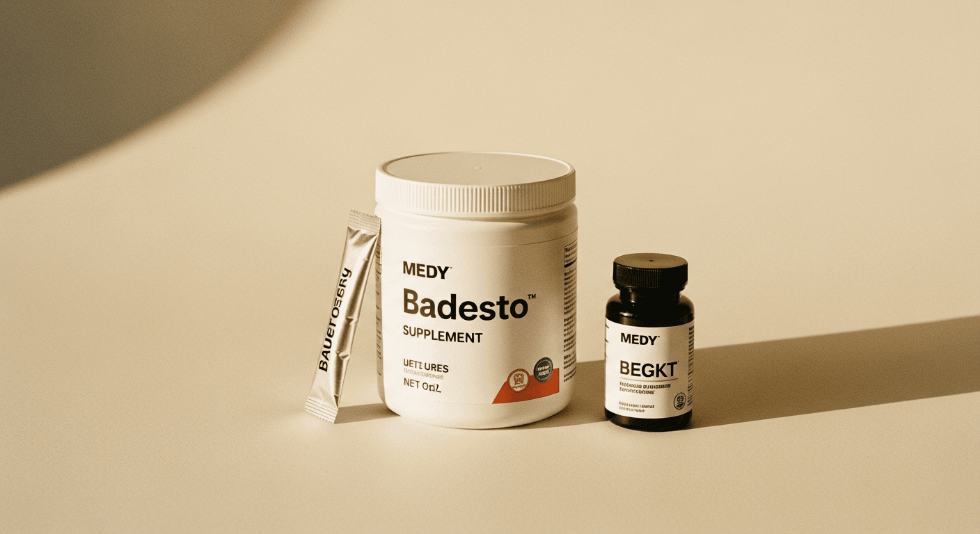 Three different supplement containers arranged on a warm cream surface in soft golden-hour lighting.