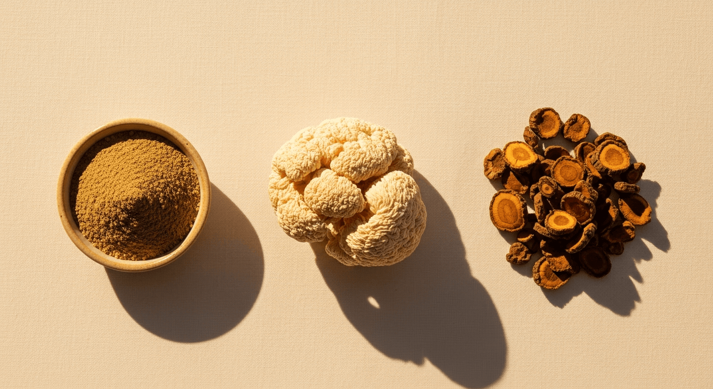 Three raw adaptogen ingredients—ashwagandha powder, lion's mane mushroom, and rhodiola root—arranged in a minimal flat-lay.