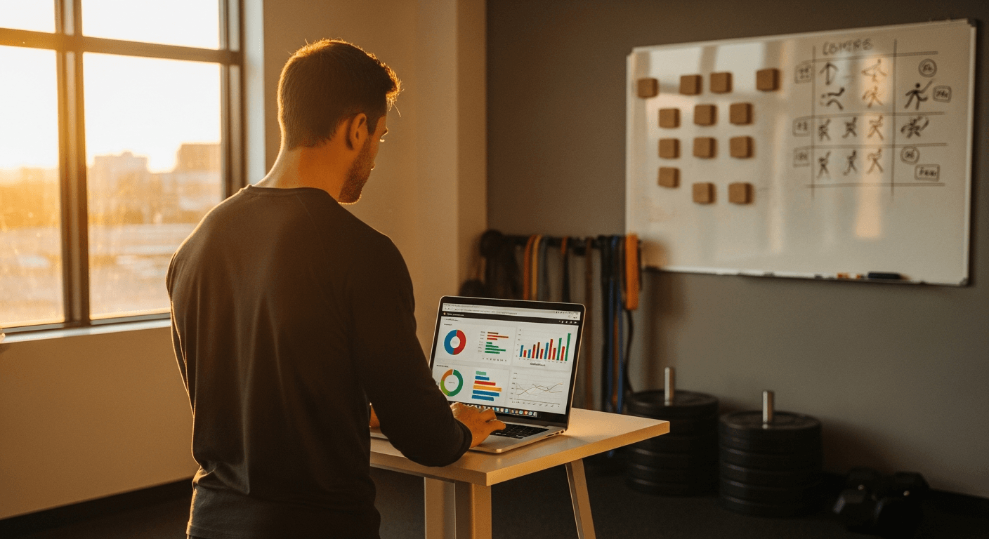 Fitness coach reviewing athlete performance data on laptop at gym desk in warm golden light.