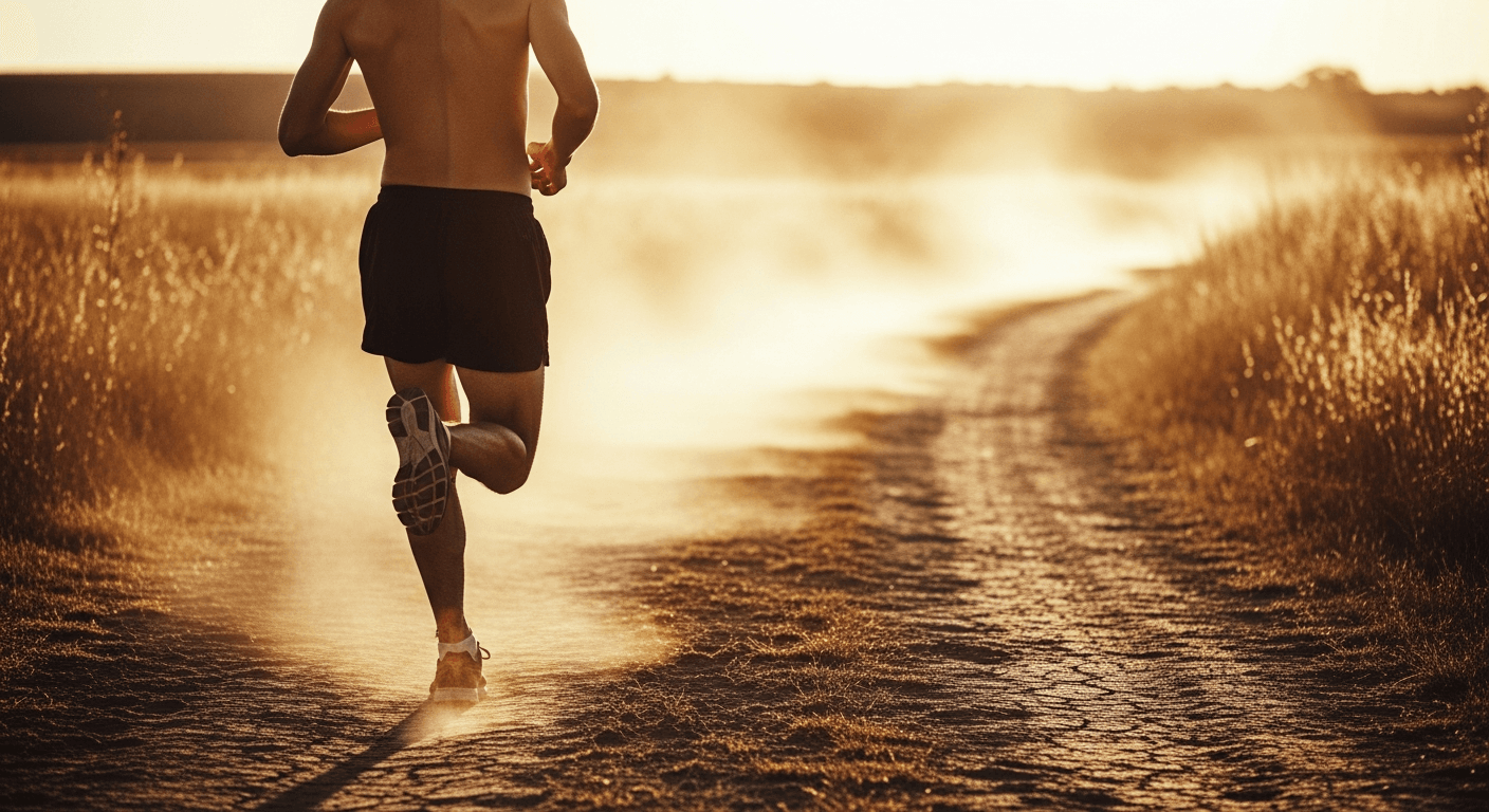 A solitary runner photographed from behind running on a dusty trail with visible heat shimmer and sweat under intense midday sun.