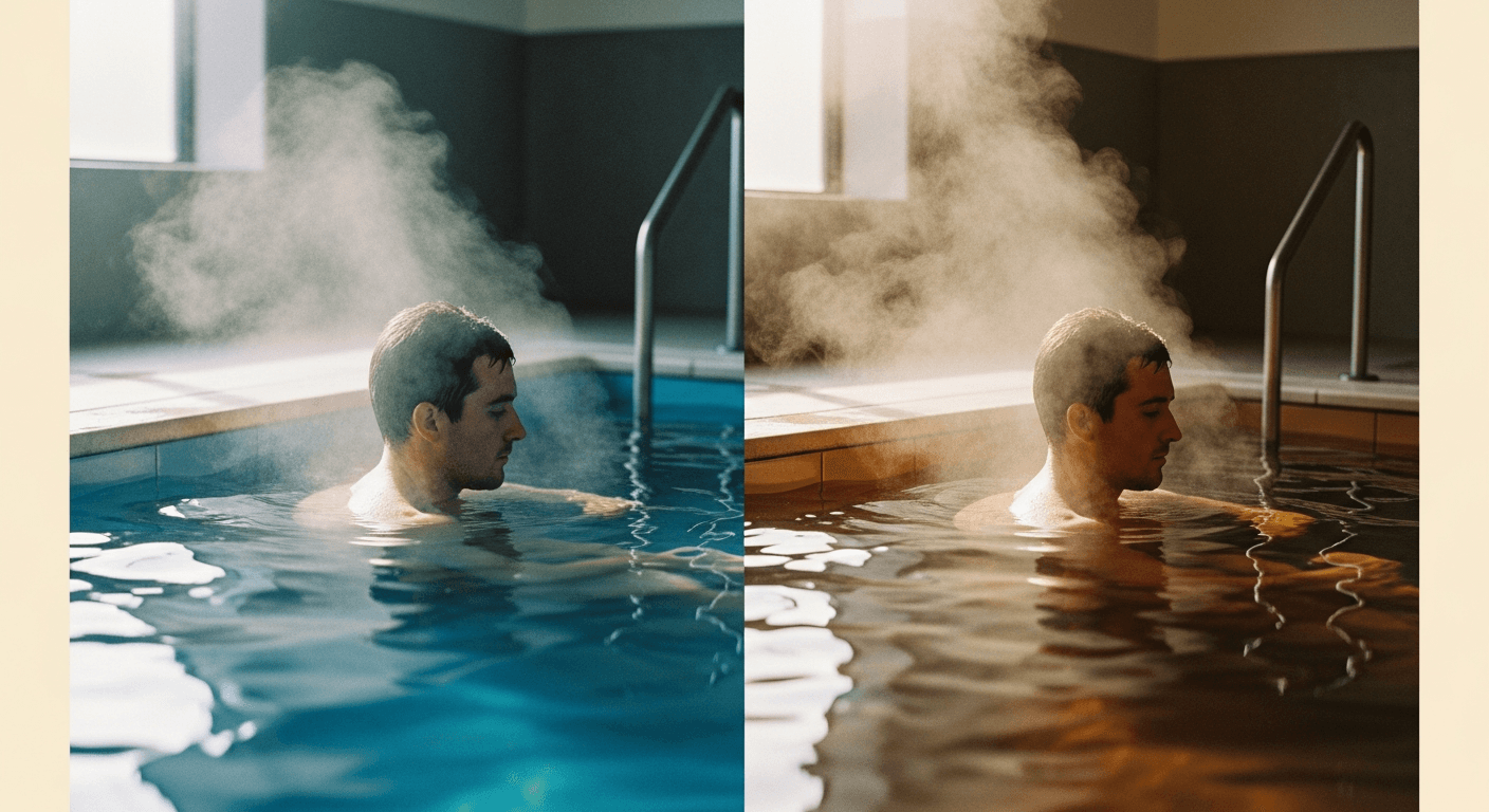 Split-frame image of an athlete alternating between a cold plunge and a warm steaming bath.