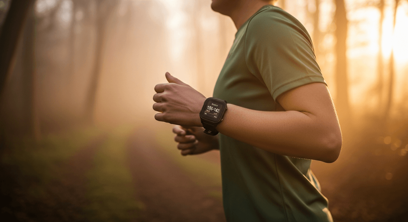 Runner in profile on misty trail at golden hour, wrist raised showing GPS watch displaying heart rate of 135-142 bpm.