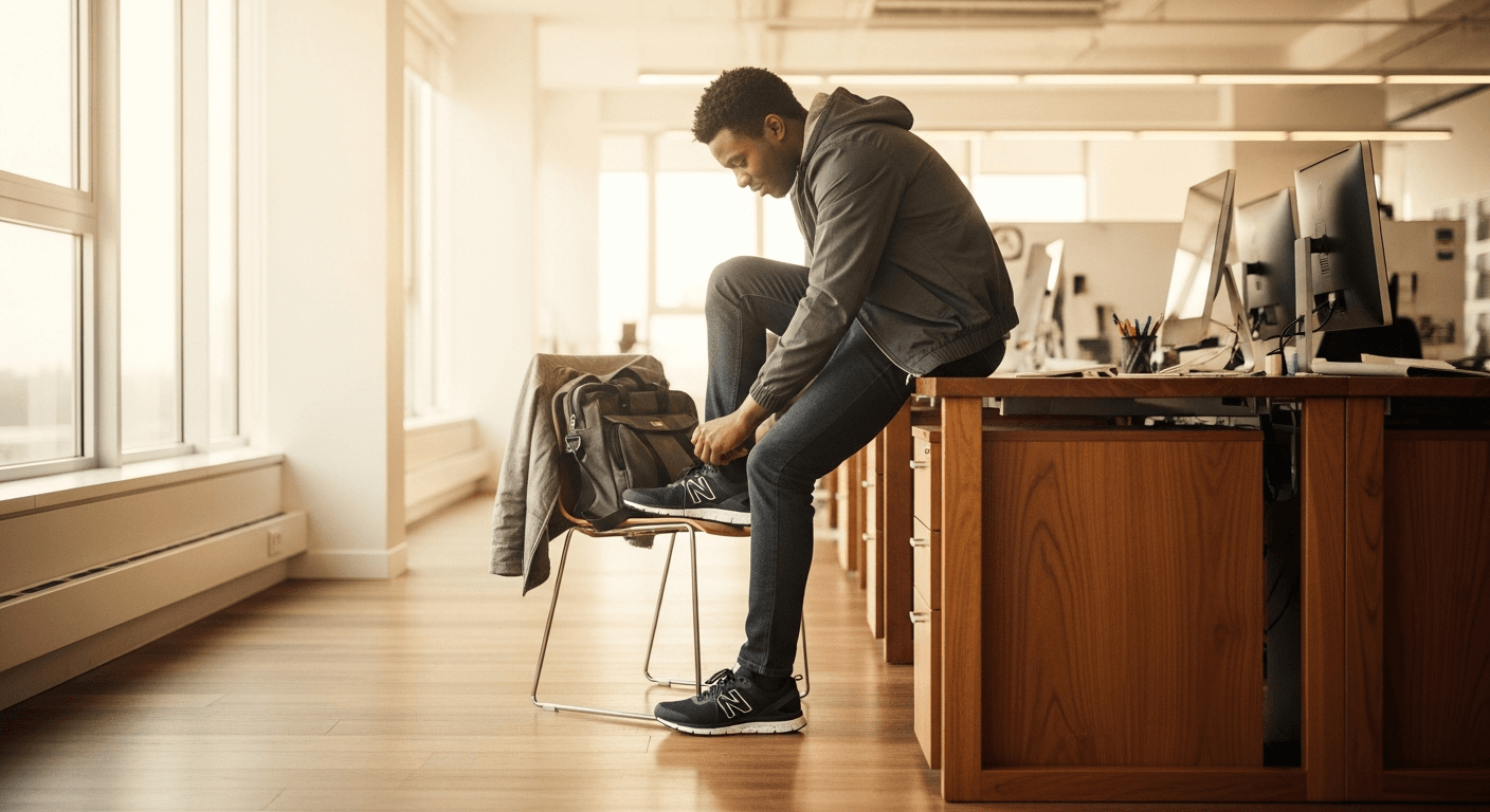 Person lacing running shoes at their office desk in afternoon light, preparing for a midday exercise break.