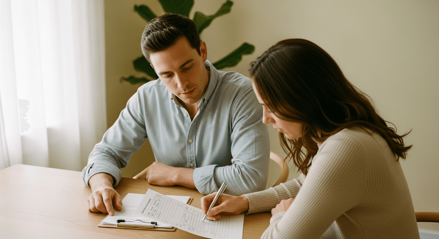 Coach and client review a form together at a wooden desk in warm natural light.