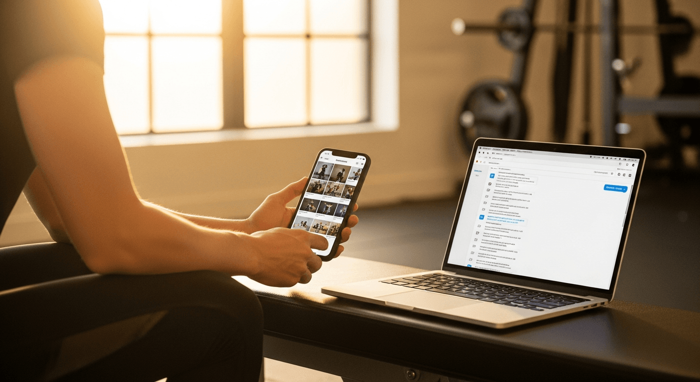 A fitness coach thoughtfully bridges a smartphone and laptop in warm natural golden light at a gym.
