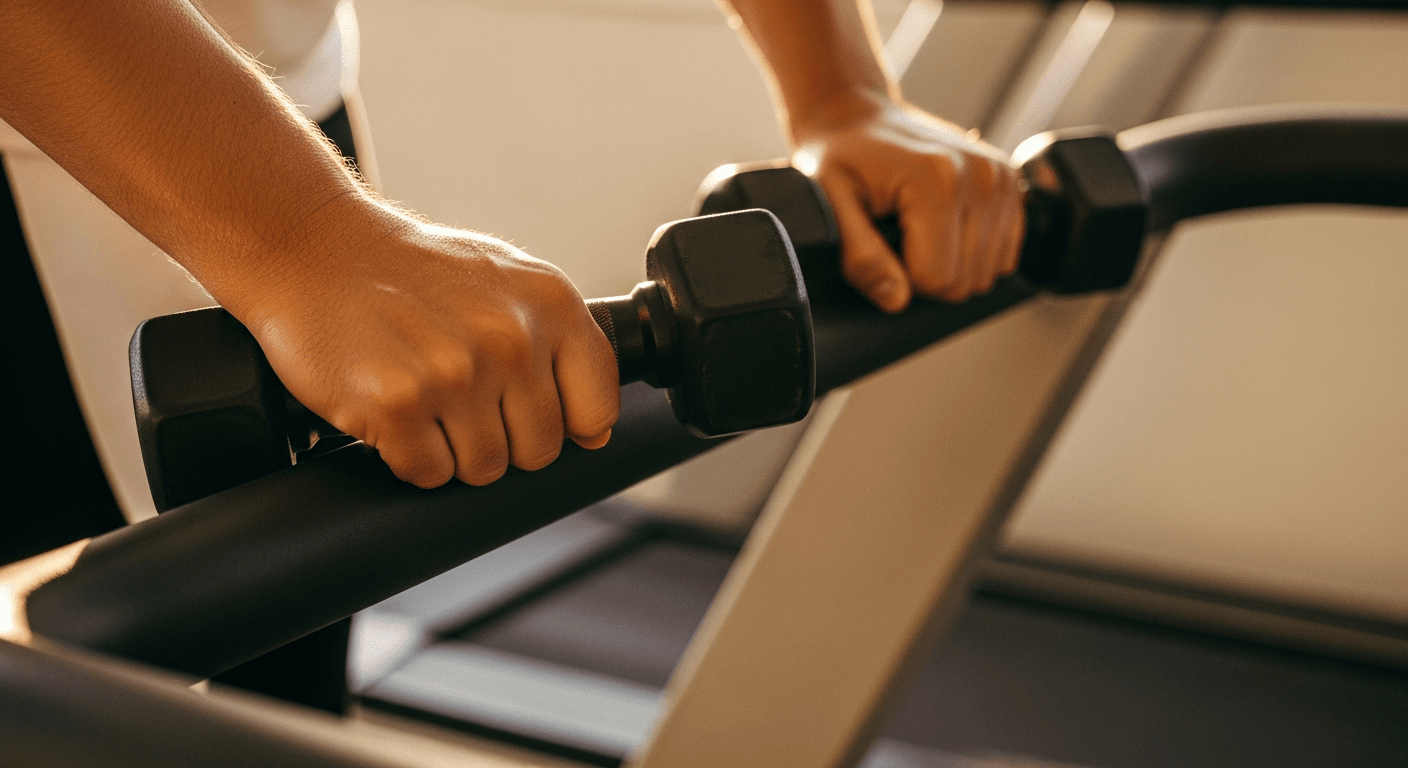 Two hands grip a dumbbell on a treadmill handrail during a transition between cardio and strength exercises.
