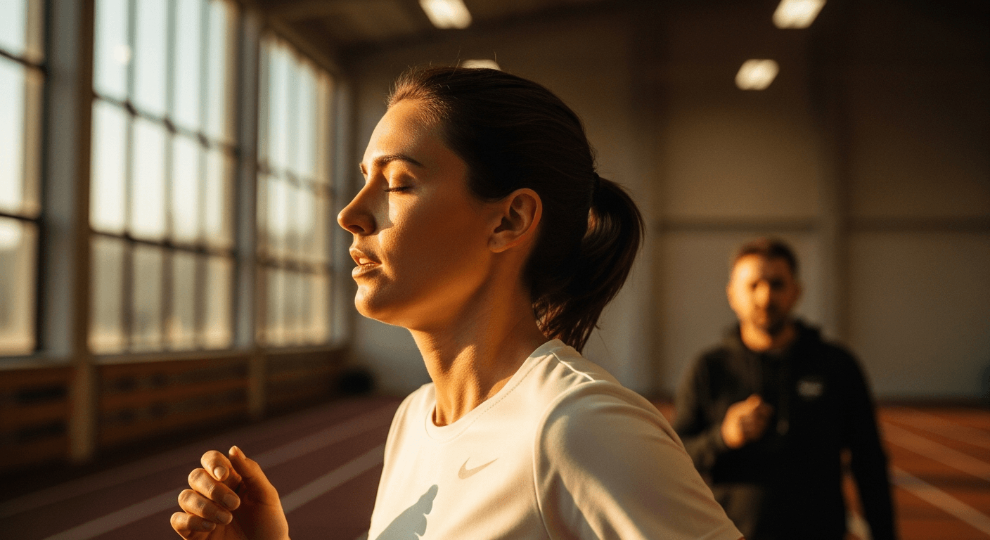 A runner mid-stride on an indoor track with serene expression, bathed in soft golden light from gymnasium windows.