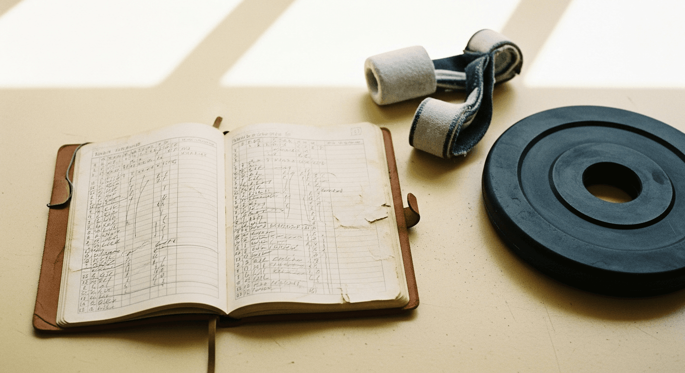 Open training journal with handwritten marks beside lifting straps and a bumper plate on gym floor.