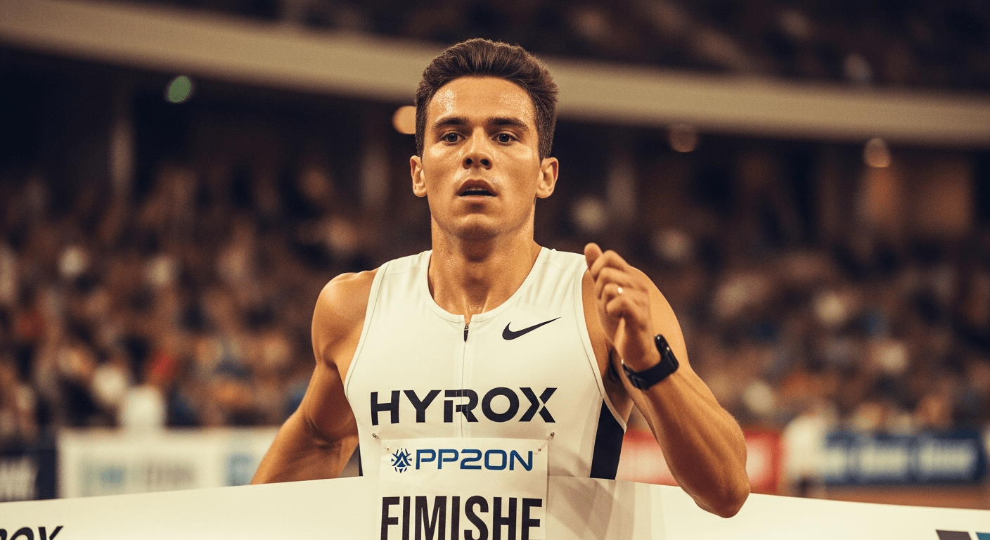 HYROX athlete approaching the finish line with intense effort, sweat visible, arena crowd blurred in background.