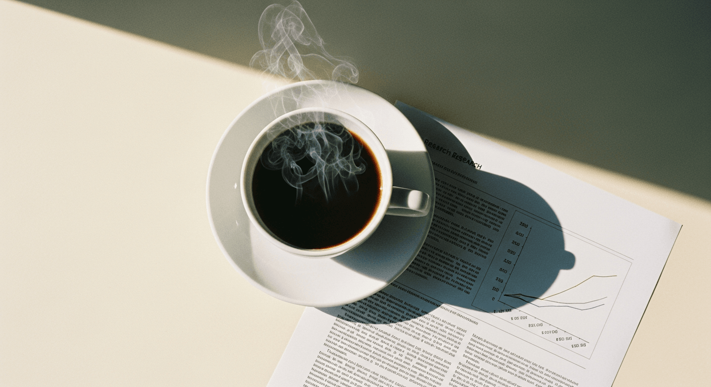 A black coffee mug and research document on a cream surface, lit by natural side light from above.