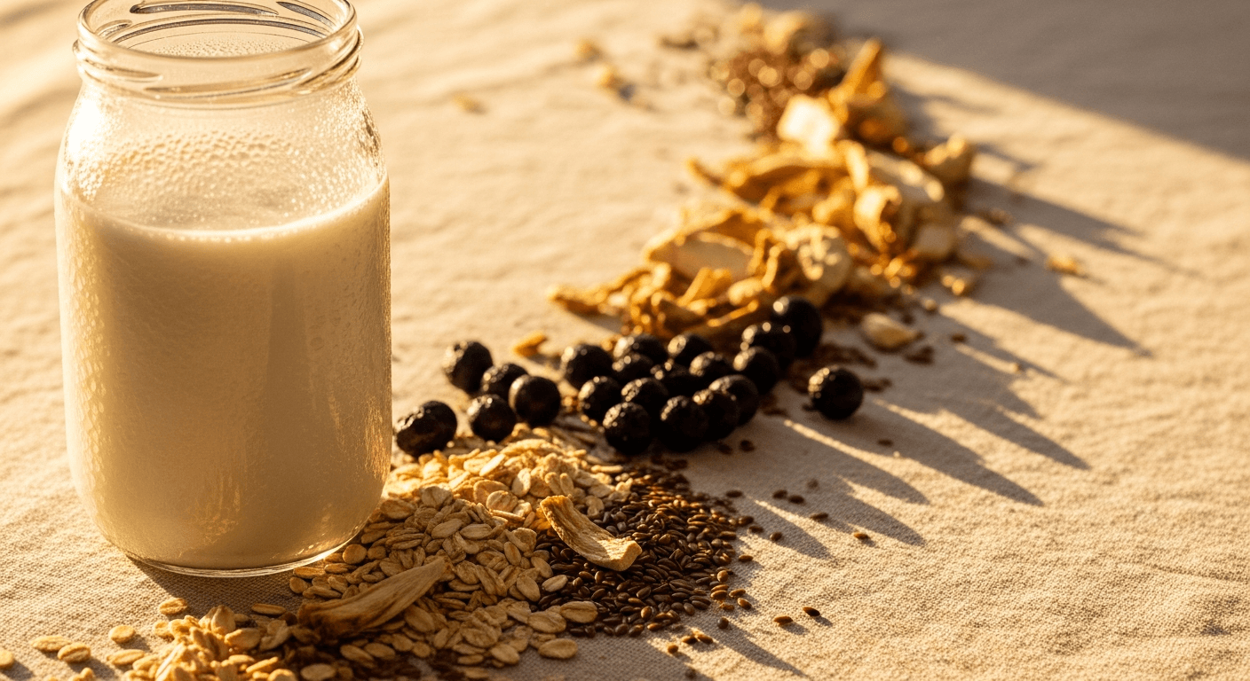 Creamy kefir jar surrounded by oats, berries, and seeds in warm golden-hour light.