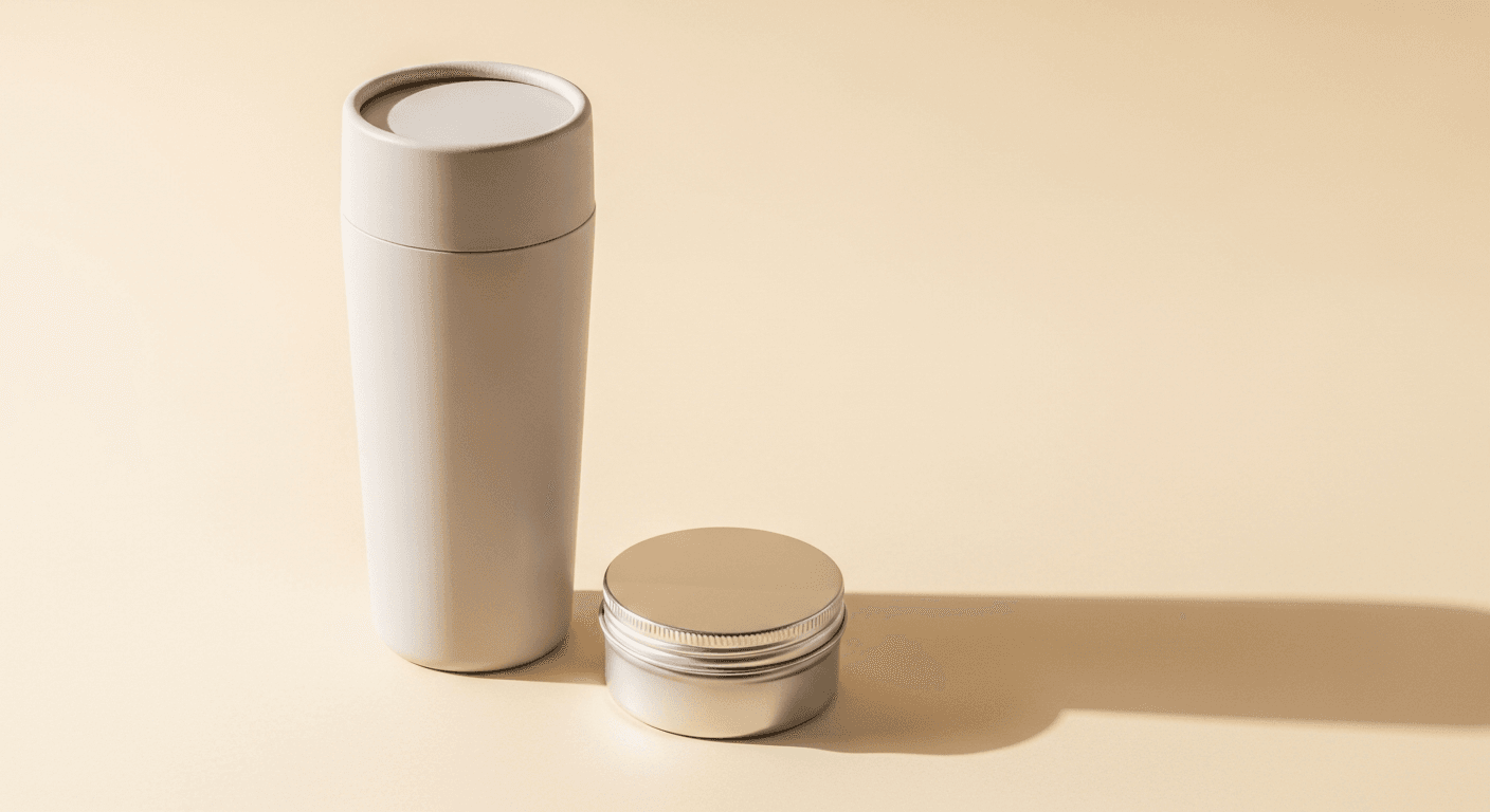 Two minimalist supplement containers positioned side by side on a warm cream surface in soft light.
