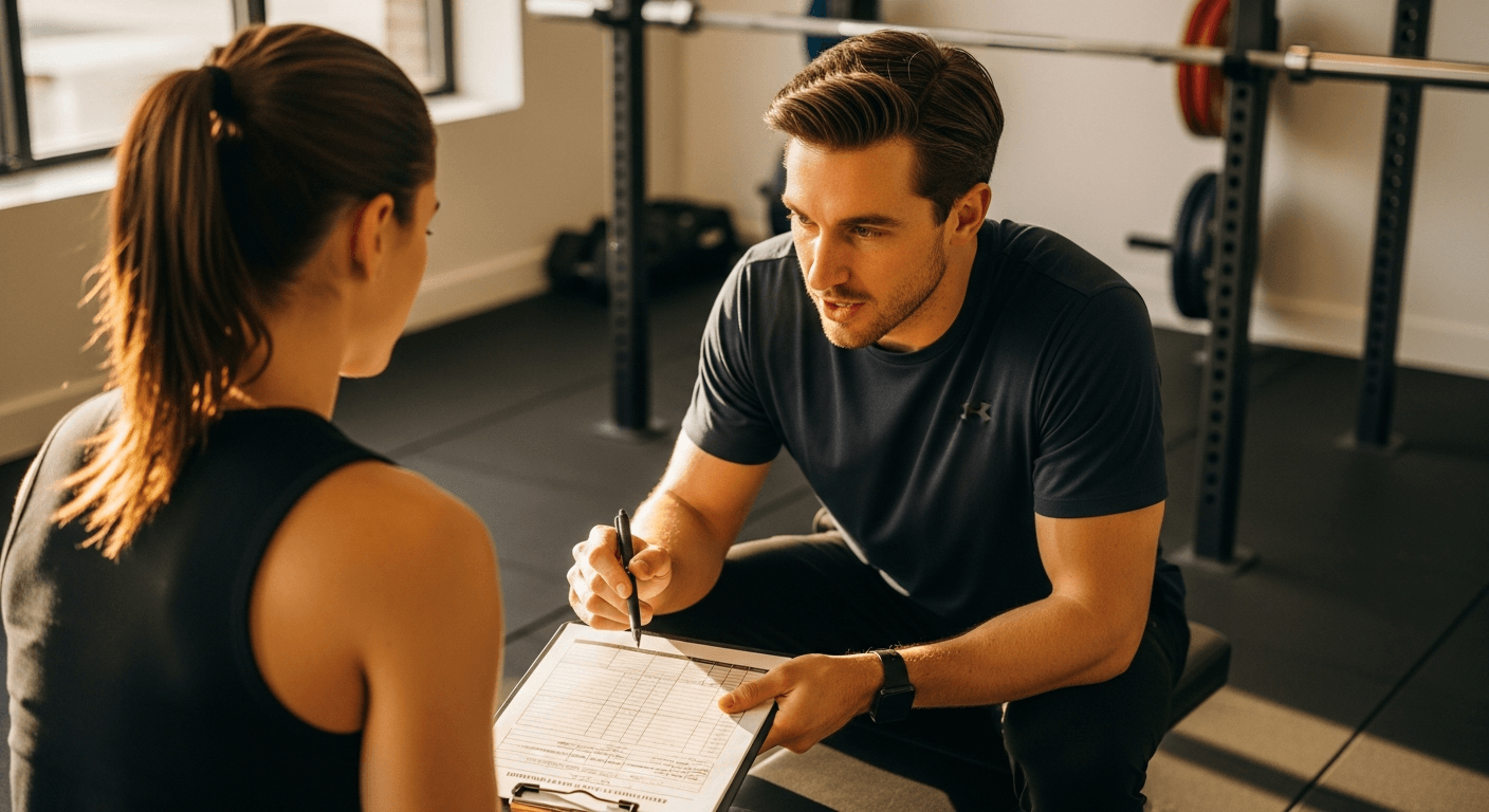 A fitness coach points to a training and nutrition log while instructing a client in a warm, sunlit gym setting.