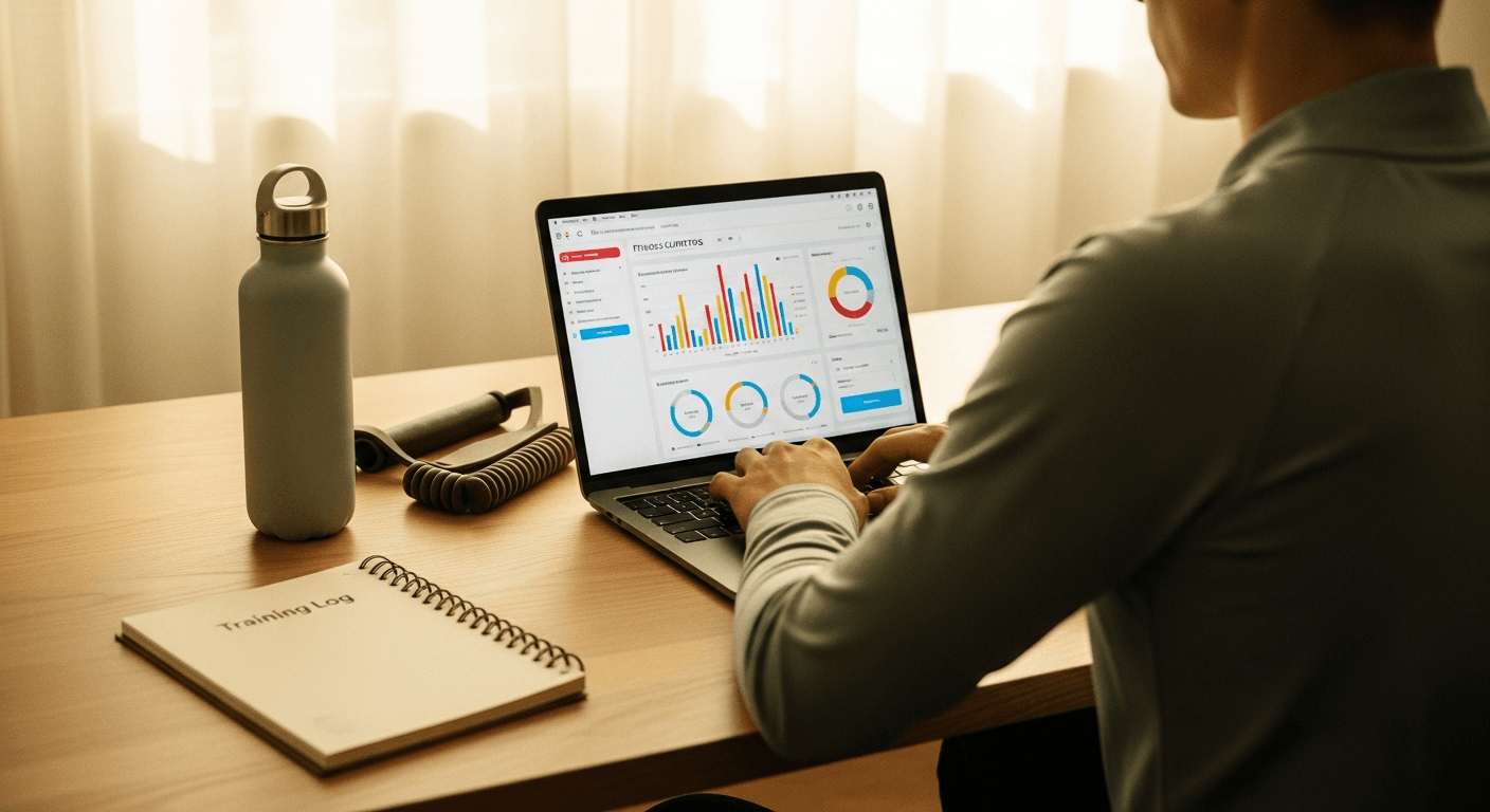 A personal trainer reviews client fitness metrics on a laptop at a warm, naturally lit desk.