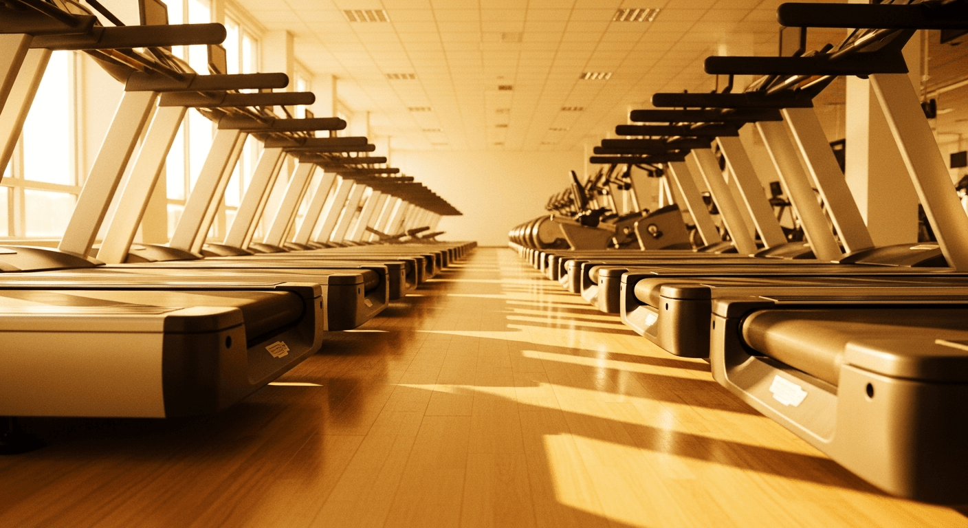 A row of treadmills extending toward the horizon in a bright, empty gym facility.