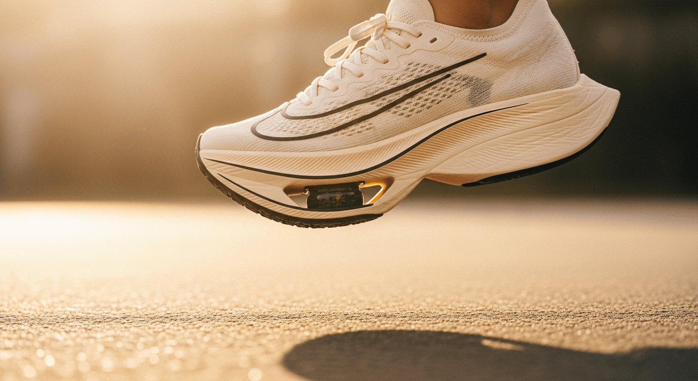 Carbon-plated running shoe airborne against warm golden light with pronounced midsole geometry.