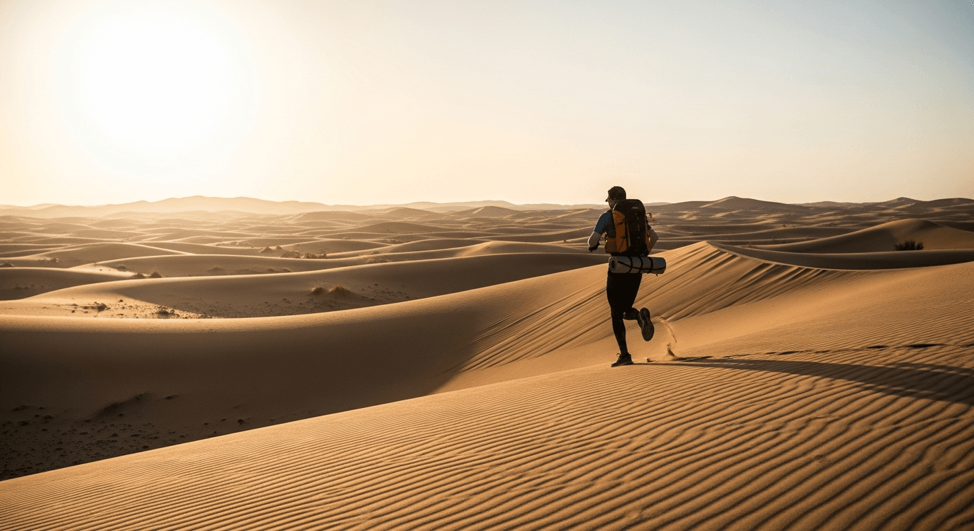 A lone runner strides across vast Saharan dunes with a loaded pack, bathed in golden late-afternoon desert light.